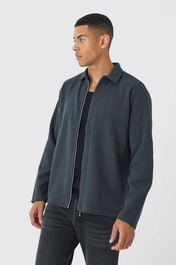 Oversized Two-tone Zip Through Ribbed Jersey Shirt charcoal