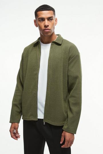 Oversized Two-tone Zip Through Ribbed Jersey Shirt khaki