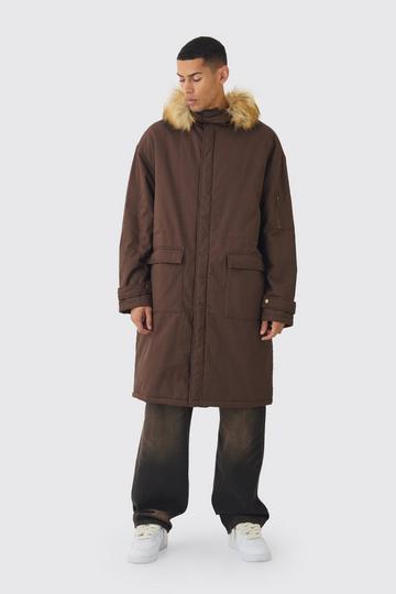 Oversized Twill Parka With Faux Fur Hood Trim In Chocolate chocolate