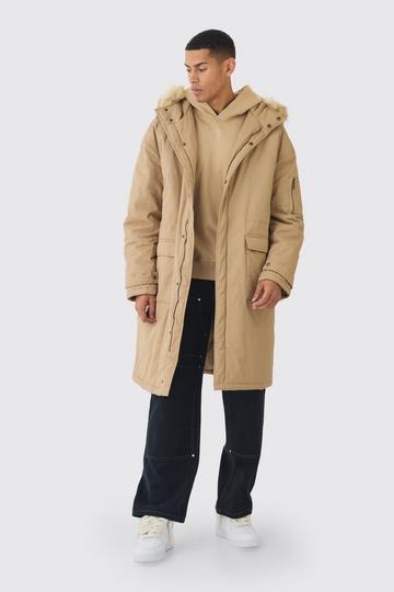 Oversized Twill Parka With Faux Fur Hood Trim In Tan tan