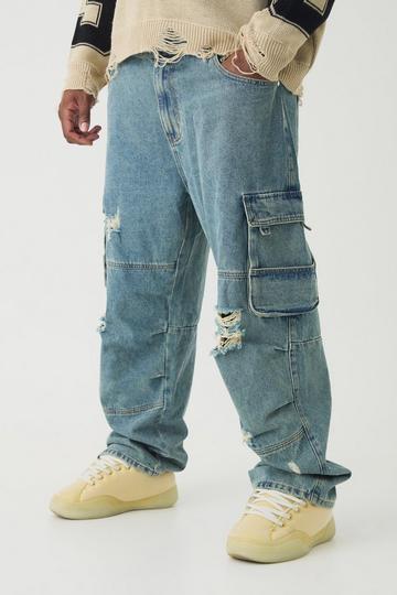 Plus Distressed Cargo Relaxed Fit Jeans mid wash