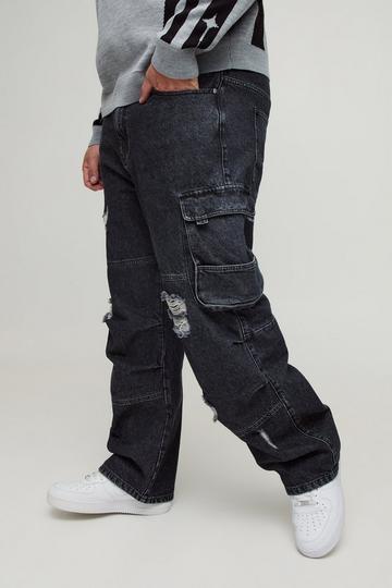 Plus Distressed Cargo Relaxed Fit Jeans washed black