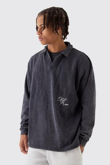 Oversized Revere Washed Embroidered Rugby Sweatshirt Polo charcoal