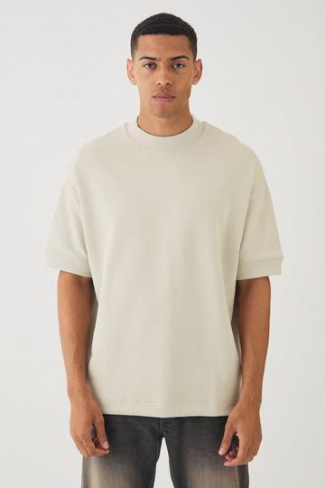 Man Oversized Extended Neck Heavy Interlock Ribbed Cuff T-shirt stone