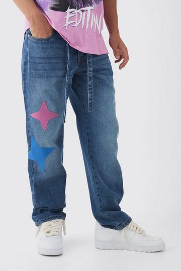 Relaxed Rigid Tinted Wash Star Pu Applique Jeans mid blue