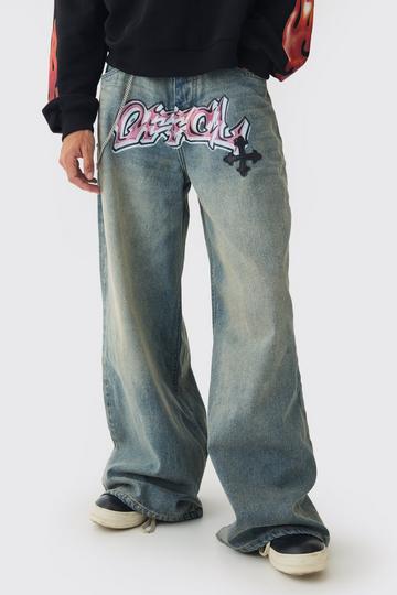 Extreme Baggy Rigid Pu Cross Applique Washed Jeans light blue