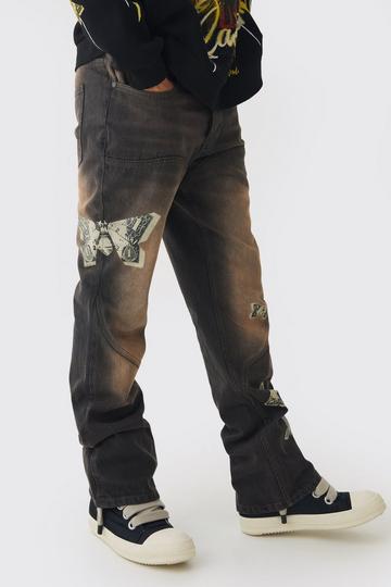 Slim Rigid Flare Dirty Wash Printed Jeans brown