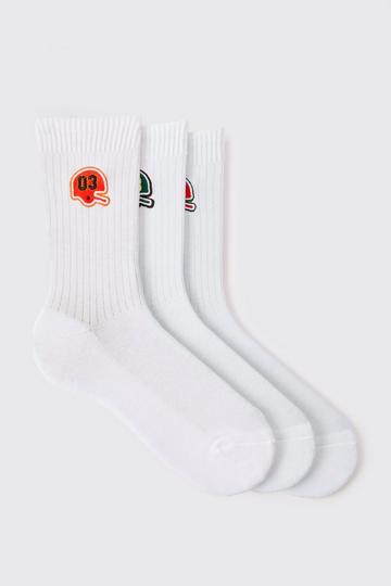 White 3 Pack Embroidered Varsity Socks