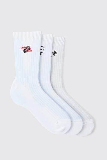 3 Pack Casino Graphic Embroidered Socks white