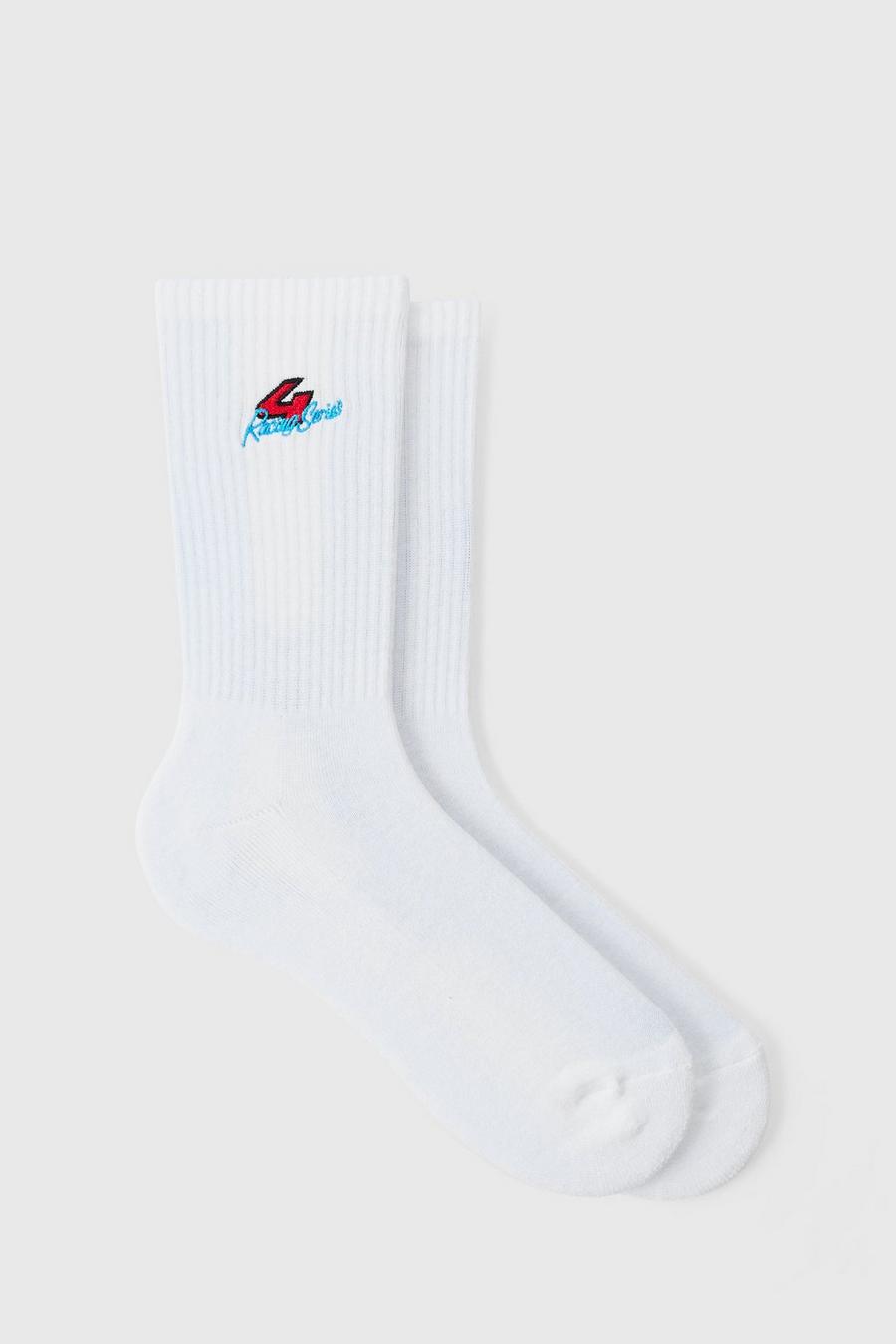White Moto 4 Racing Series Embroidered Socks