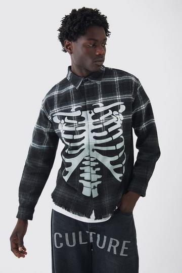 Oversized Acid Wash Ribcage Print Flannel Shirt black