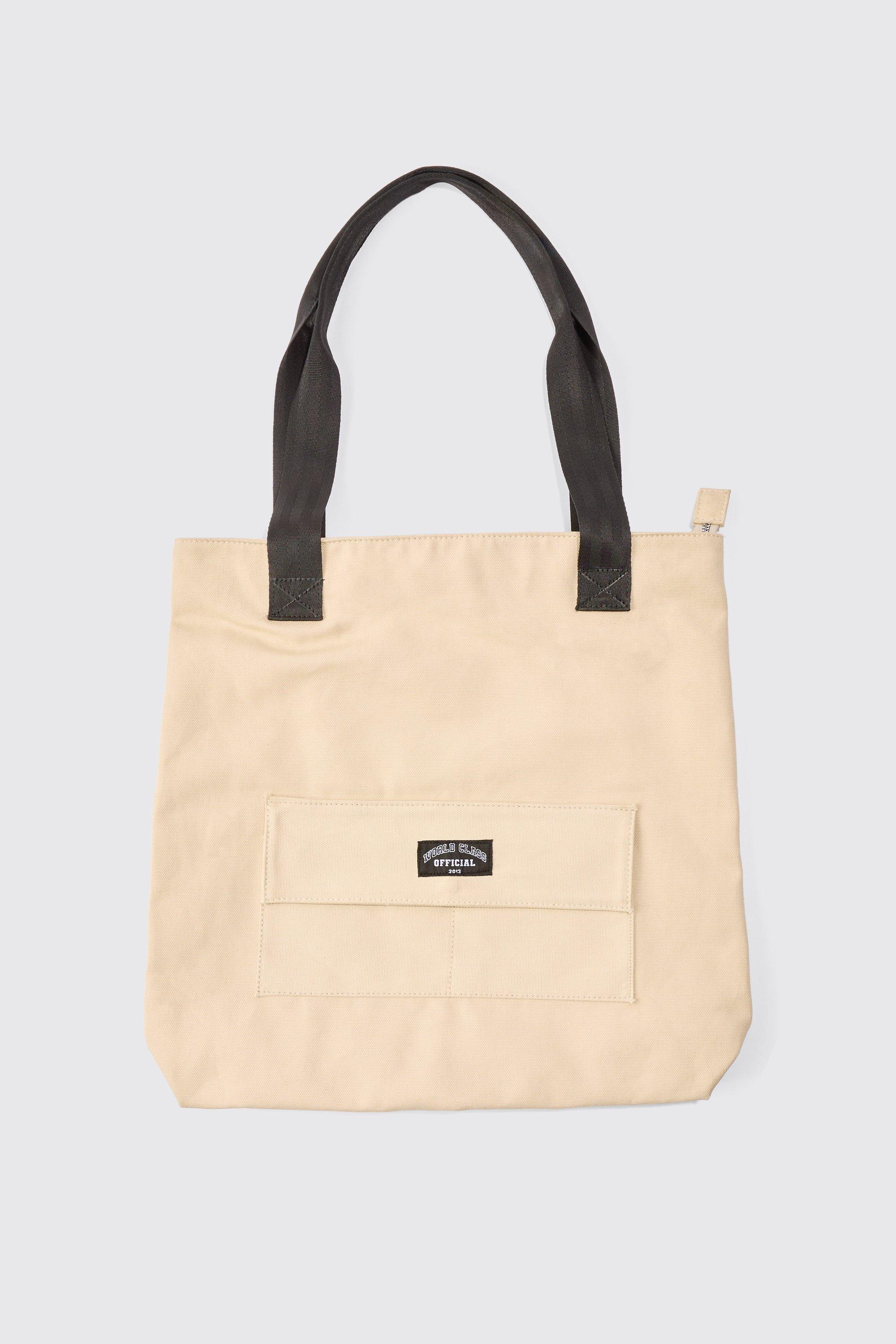 boohooMAN Men s Man Branded Tote Bag In Ecru Cream