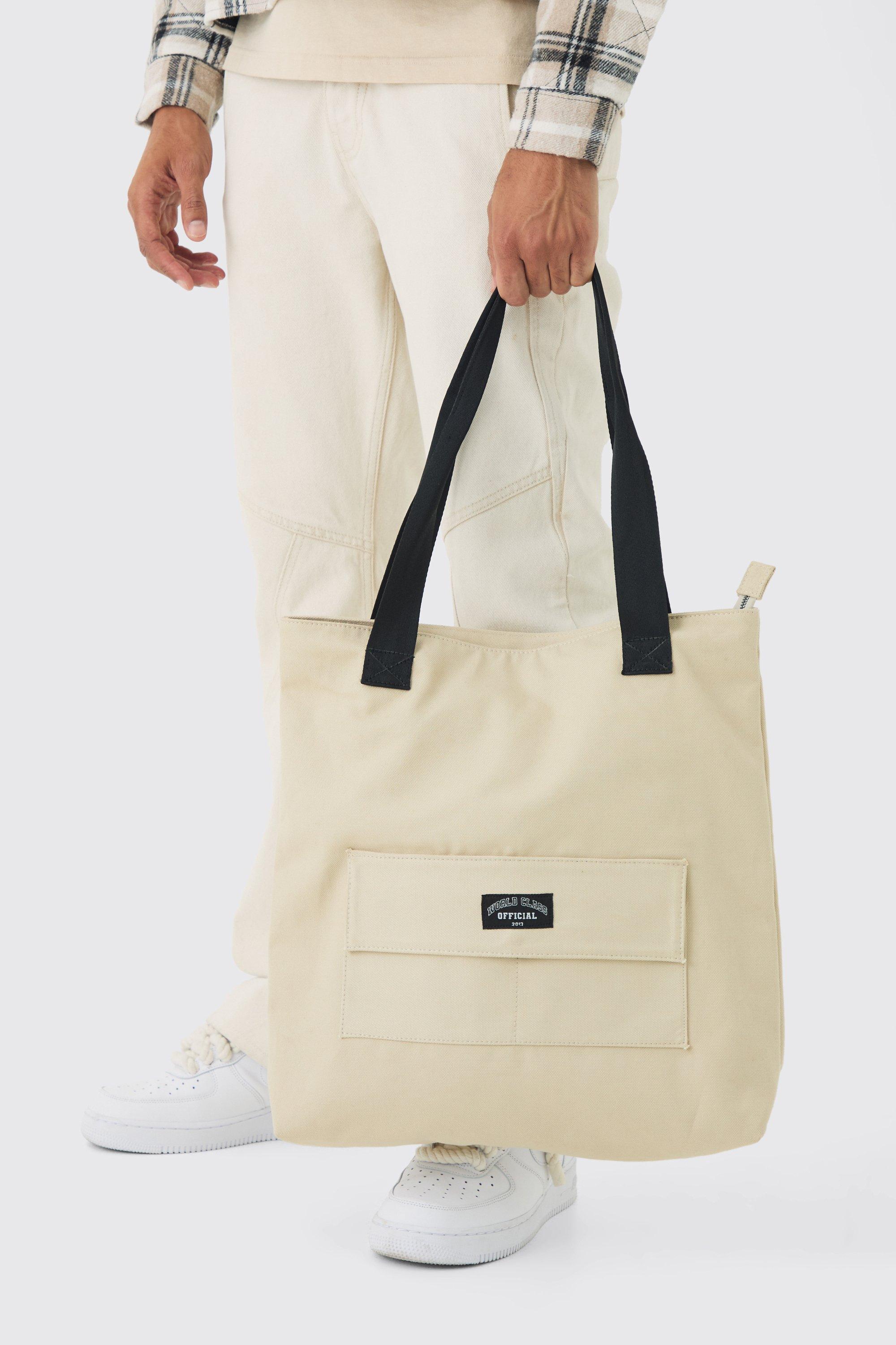 Man Branded Tote Bag In Ecru