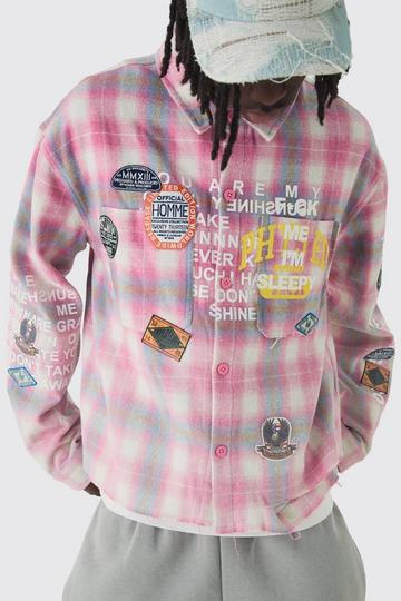 Oversized Boxy Badge Applique Distressed Overdye Check Shirt pink