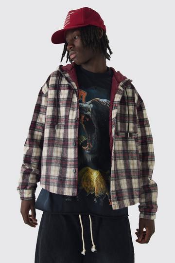 Red Oversized Padded Hooded Check Overshirt