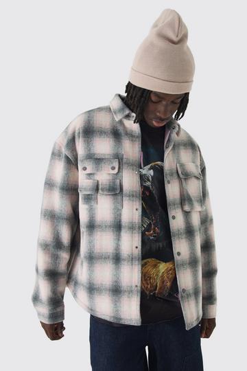 Oversized Padded Check Cargo Pocket Overshirt pink