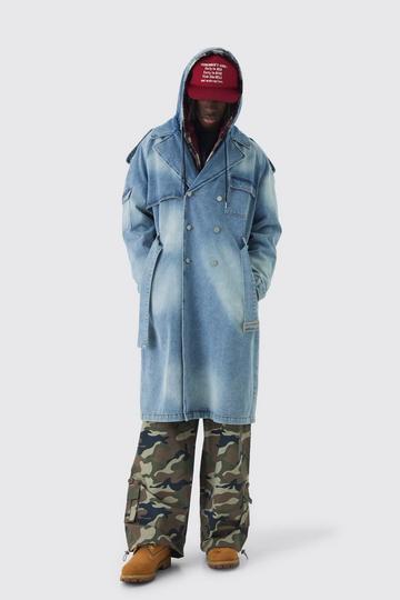 Oversized Hooded Denim Trench Coat mid blue