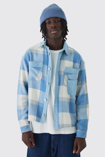 Oversized Denim Checked Quilted Overshirt light blue