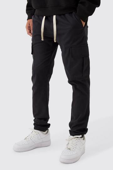 Skinny Fit Elasticated Waist Cuffed Cargo Trousers black