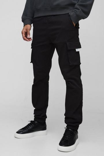 Slim Fit Elasticated Waist Woven Tab Cuffed Cargo Trousers black