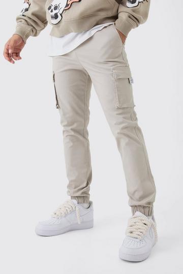 Stone Beige Slim Fit Elasticated Waist Woven Tab Cuffed Cargo Trousers