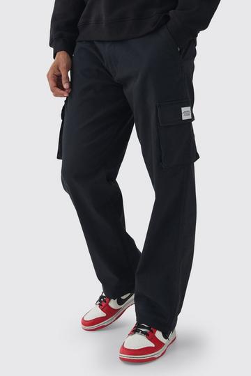 Black Relaxed Fit Fixed Waist Woven Tab Cargo Trousers