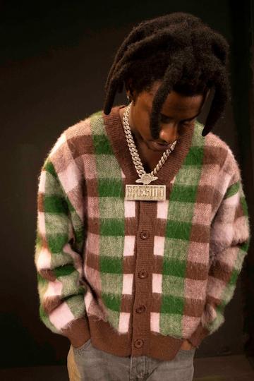 Oversized Checked Brushed Knitted Cardigan purple