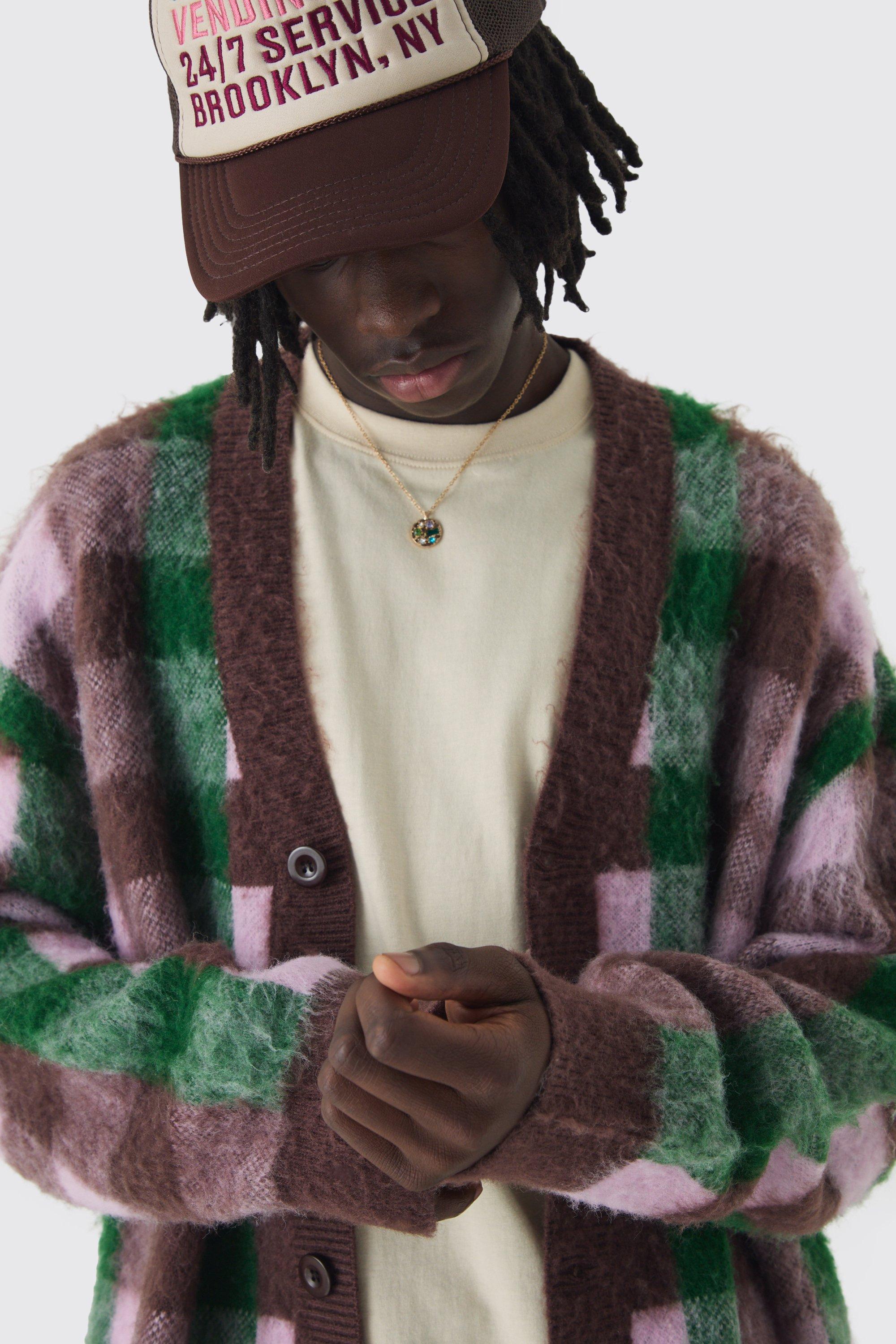 boohooMAN Men s Oversized Checked Brushed Knitted Cardigan Purple