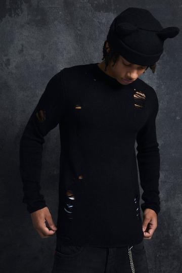 Trippie Redd Muscle Fit Distressed Jumper black