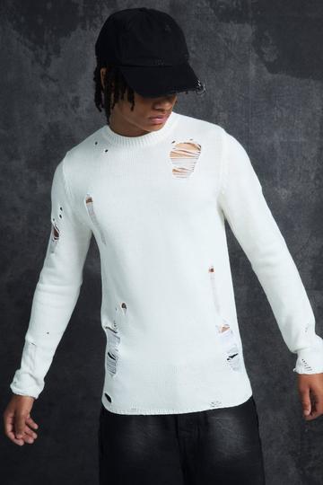 Trippie Redd Muscle Fit Distressed Jumper white