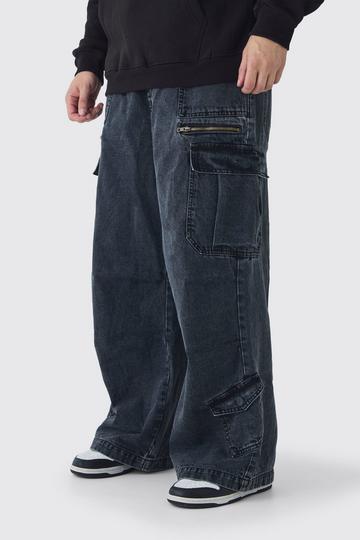 Black Tall Elasticated Waist Acid Wash Parachute Cargo Jeans