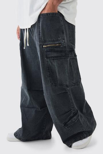 Plus Elasticated Waist Acid Wash Parachute Cargo Jeans black