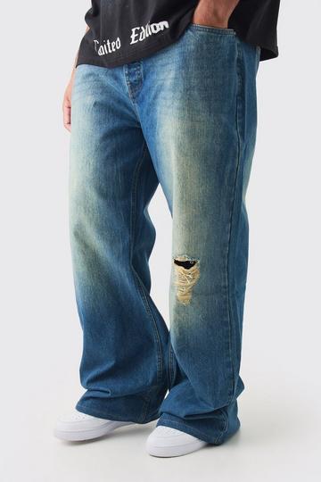 Plus Relaxed Flare Knee Rip Rigid Tinted Denim Jean green