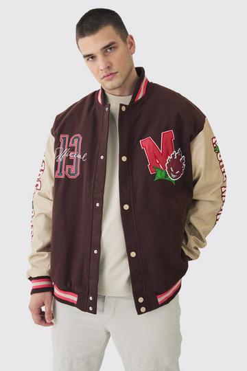 Tall Varsity Applique PU Sleeve Bomber Jacket chocolate