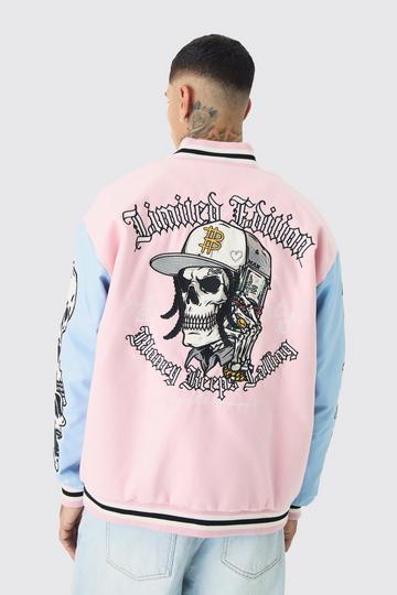 Tall Limited Edition Skull Applique Pu Sleeve Bomber Jacket pink