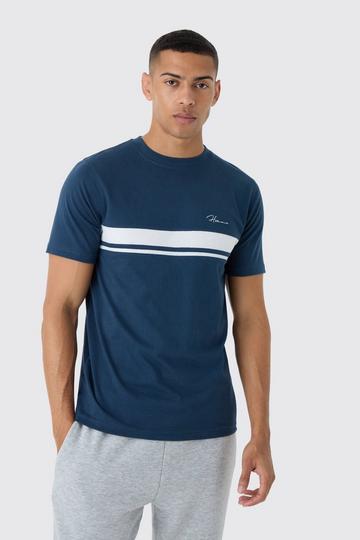 Navy Slim Homme Script Colour Block T-shirt