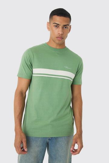 Khaki Slim Homme Script Colour Block T-shirt