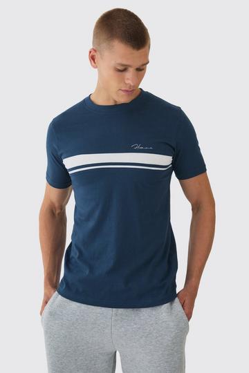 Navy Slim Homme Script Colour Block T-shirt