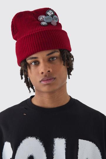 Badge And Pin Detail Beanie In Red red