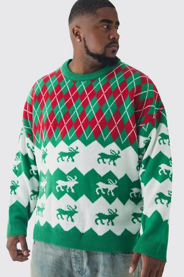 Plus Reindeer Fairisle Christmas Jumper green