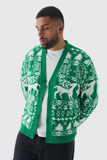 Plus Reindeer Fairisle Christmas Cardigan green