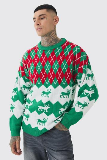 Tall Reindeer Fairisle Christmas Jumper green