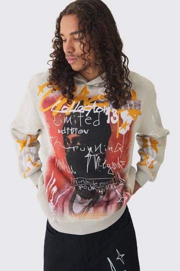 Oversized Graffiti Over Seams Graphic Print Hoodie stone