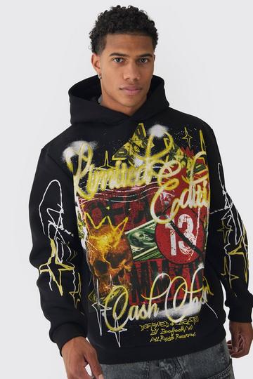 Oversized Graffiti Slogan Over Seams Graphic Print Hoodie black