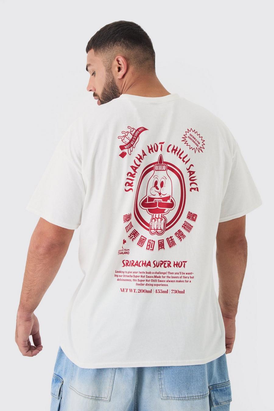 Plus Sriracha Hot Chilli Sauce License Back Print T-shirt In White
