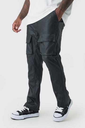 Plus PU Coated Stacked Flared Gusset Cargo Jeans black