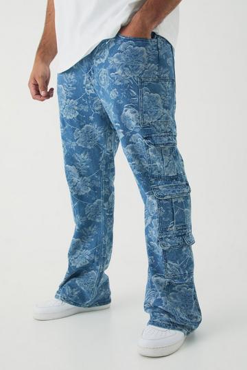 Plus Floral Jacquard Multi Cargo Flared Jeans mid blue