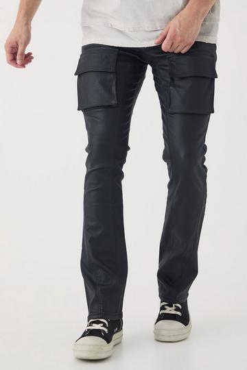 Tall PU Coated Stacked Flared Gusset Cargo Jeans black