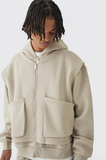 Oversized Double Layer Zip Through Hooded Jacket stone