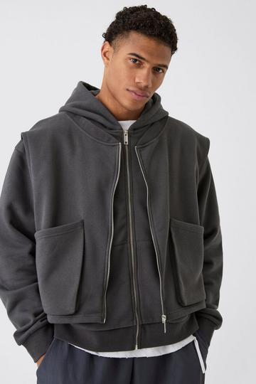 Oversized Double Layer Zip Through Hooded Jacket charcoal